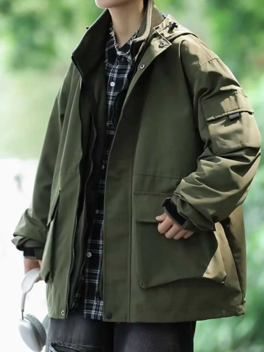 Men Solid Cargo Bomber Jacket Long Sleeve Hooded Trench Coat Military Tactical Jacket Coats Outdoor Zipper Waterproof Outerwear XJ250621