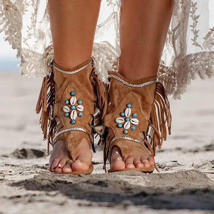 Retro Women Fringe Flower Wedges Shoes Solid Flock Beach Casual Sandals Women Summer Flip Flop Sandals 250617