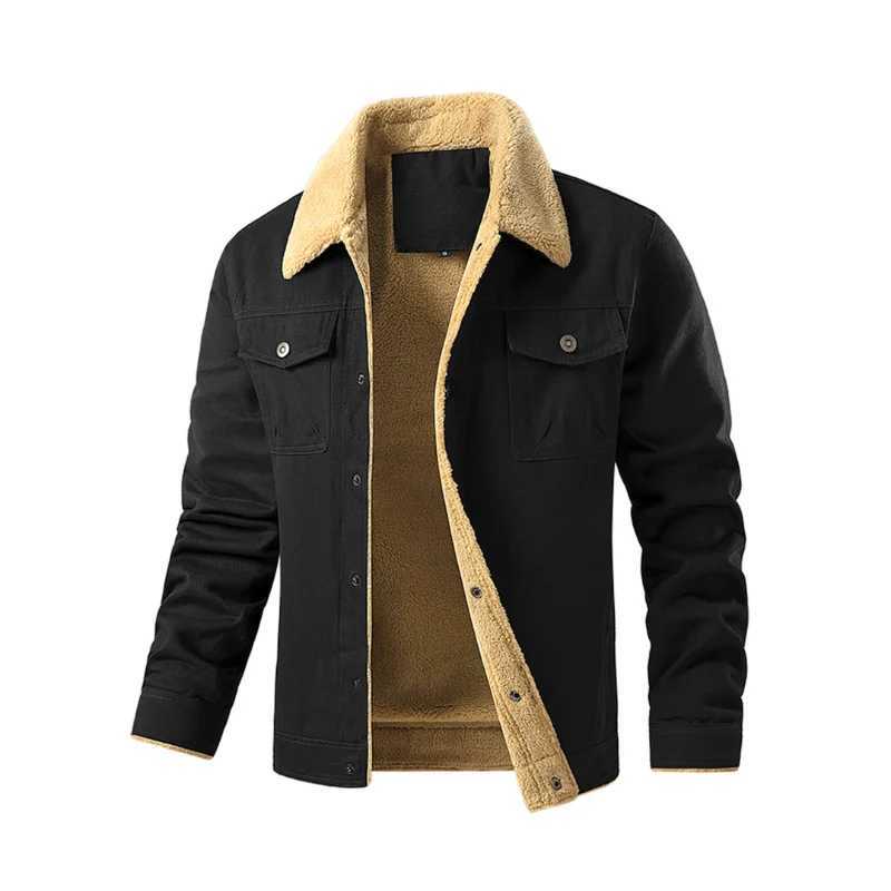Mens Jackets Winter Faux Shearling Lined Windproof Warm Coat Black Buttoned Parka with Pockets Comfortable Casual Tops US Size XJ250621