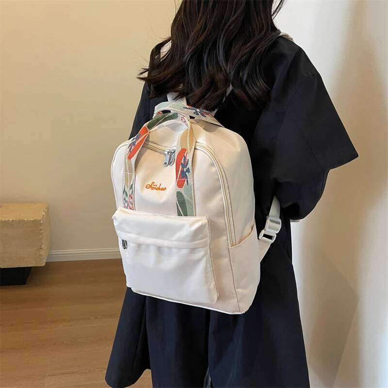 Nylon Fabric Fashion Backpack For Women Floral Hand Strap Pure Color Large Capacity Travel Bag Multi-Pocket School Book Rucksack