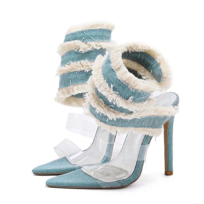 Liyke 2025 n Denim Ankle Snake Surround Strap Sandal Women Transparent PVC Summer High Heels Party Stripper Shoes Pumps 250617