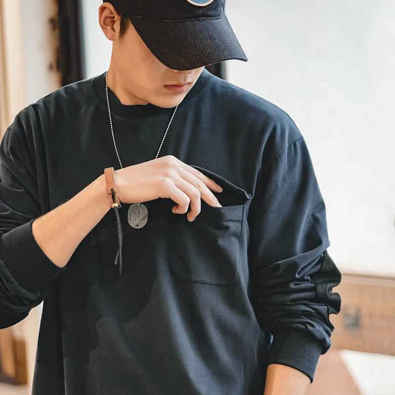 Maden Japanese Vintage Long Sleeve T-shirt for Men Patchwork Pocket Loose O-neck Tops Solid Color 100% Cotton Casual Sweatshirt XJ250621