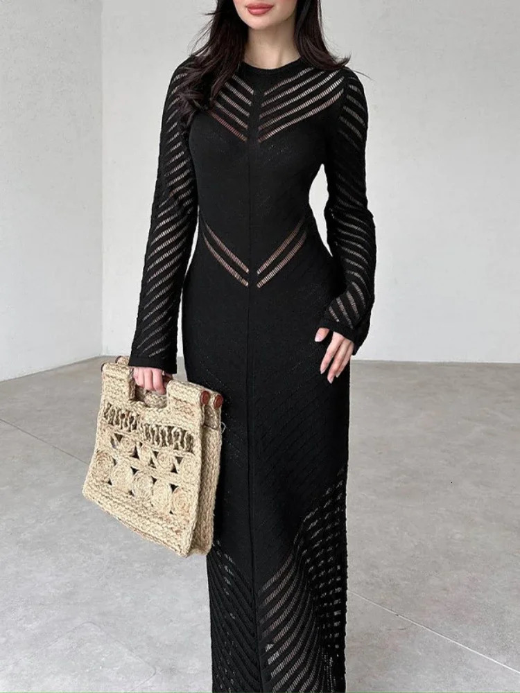 Trendix Slim Elegant Evening Dress Women High Waist Long Sleeve Hollow Out Knitwear Maxi Dresses Bodycon Sexy Knit Sheath Dress 250617