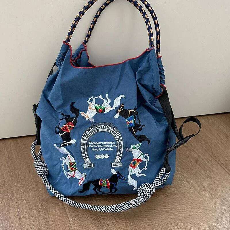 2025 New Ball Chain Shopping Nylon Embroidered Canvas Reusable Package Women Tote Tophandle Shoulder Crossbody Bag