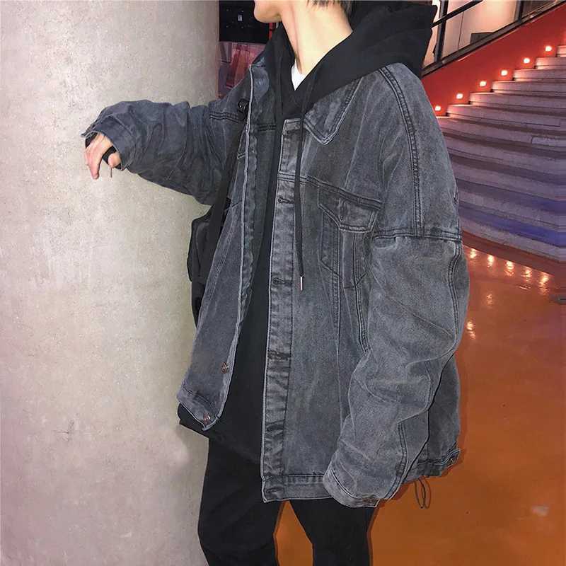 Light Blue Black 2025 Fashion Casual Hip Hop Loose Denim Single-breasted Lapel Multi-pocket Youth Male Teenager Mens Hem Jacket XJ250621
