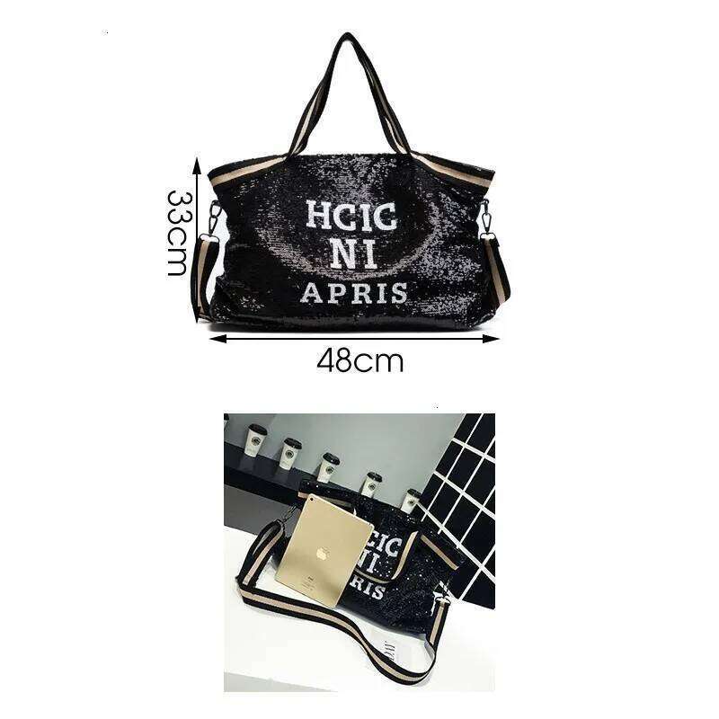 Casual Women Bling Sequins Shoulder Big Capacity Female Handbag For Lady Travel Large Tote Letter Printed Crossbody Bags