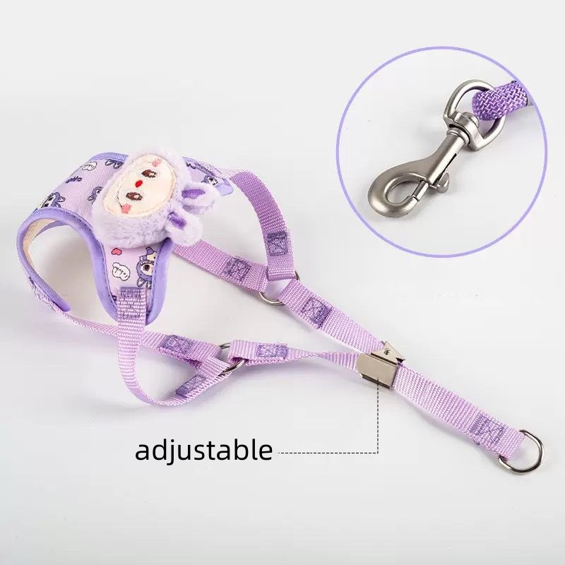 Labubu Dog Leash, Step-in Soft Mesh Puppy Vest with Cute Patterns and Doll Decorations, Breathable Pet Harness for