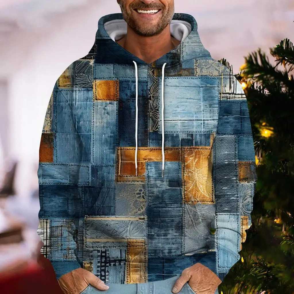 Denim Plaid Printed Mens Women Universal Hoodies Autumn Fashion Street Men Sweatshirts Casual Loose Men Clothing Tops HoodiesXJ250621