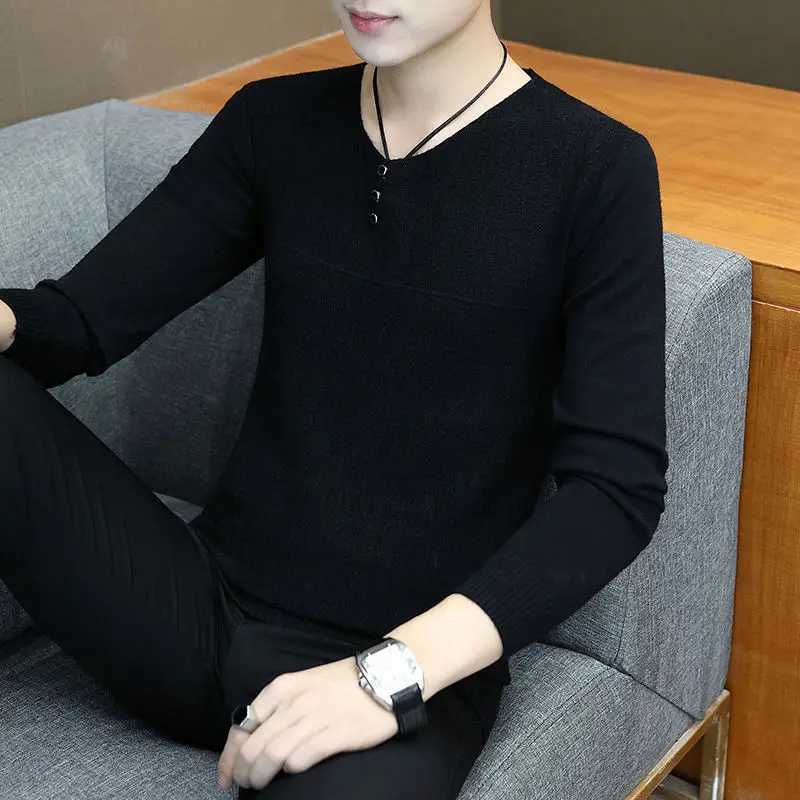 Fashion Solid Color V-Neck Knitted Button All-match Sweater Mens Clothing 2022 Autumn New Casual Pullovers Loose Korean Tops Z250621