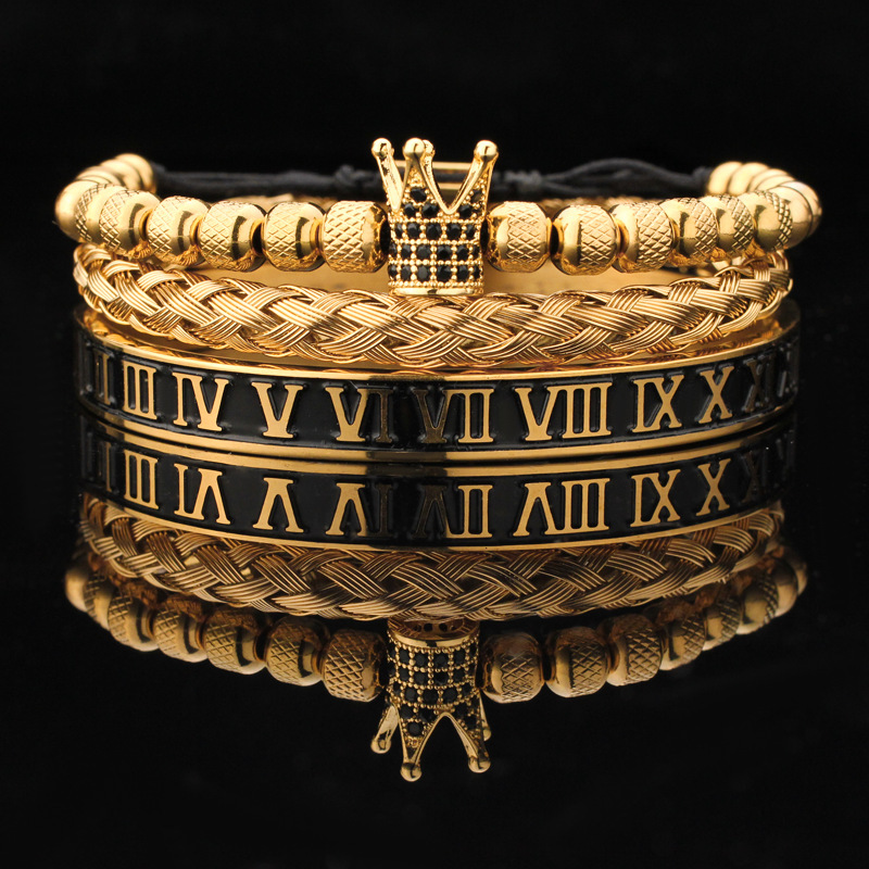 3pcs/Set Luxury Gold Royal King Crown Men Bracelets Roman Numeral Bracelet Unique Design Braided Adjustable Bangle Pulseira luxury jewelry bracelet men