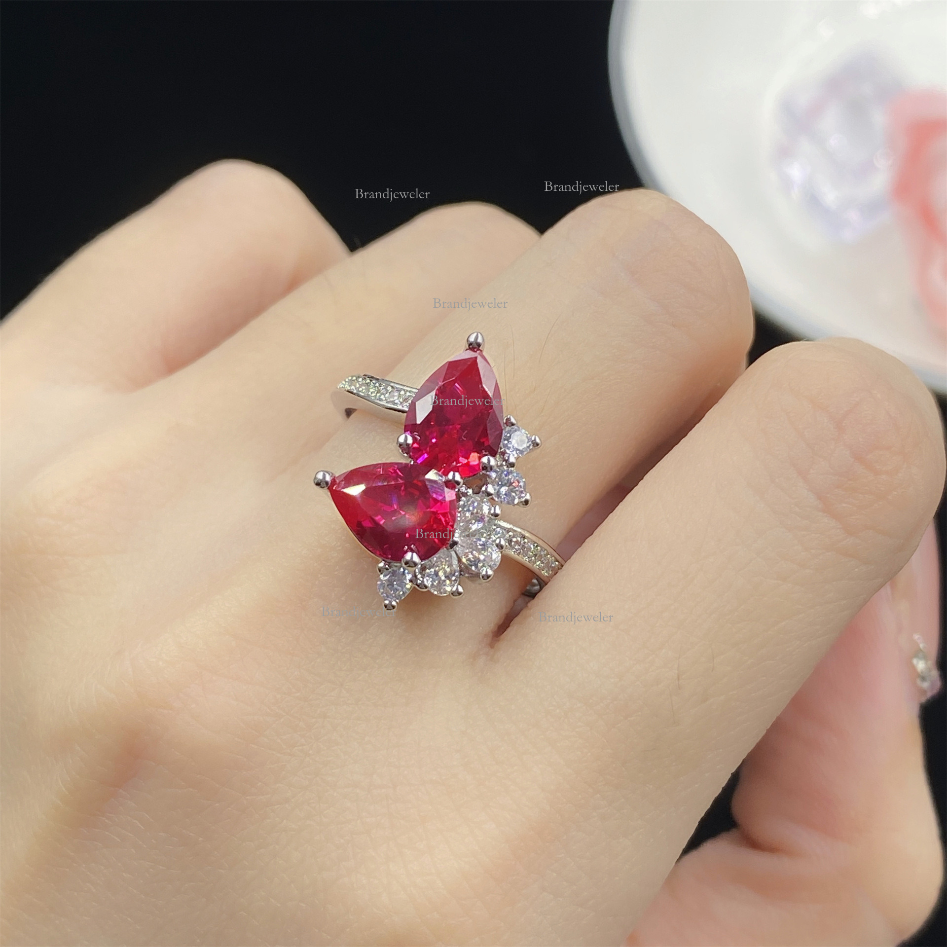 Back Cover Red Corundum Water Drop Shape Three-piece Full Diamond Open Ring For Free Delivery Model Women Designer Necklace Elegant Luxurious Pendant 