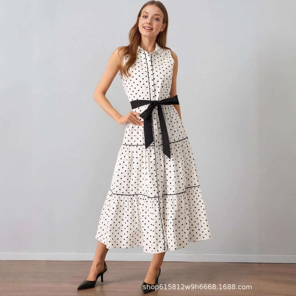 Long Dress European Style Elegant Women S Fashion Spring Summer New Sleeveless Turn Down Collar Polka Dot Dress Sexy Long Skirt