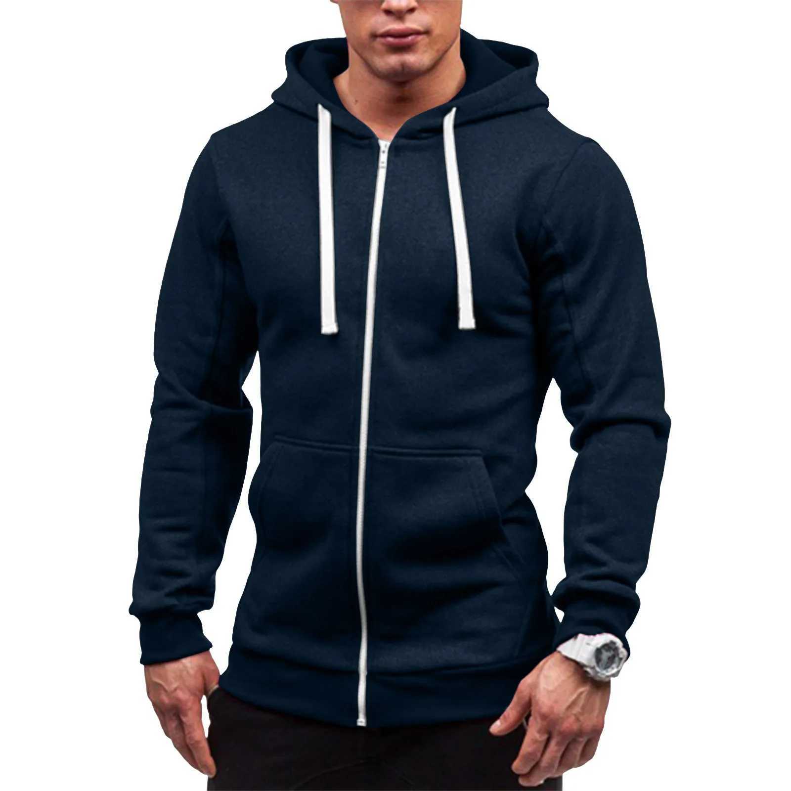 Full Zip Fashion Hooded Jacket For Men Casual Autumn And Winter Long Sleeved Solid Color Drawstring Lightweight Coats Loose FitXJ250621