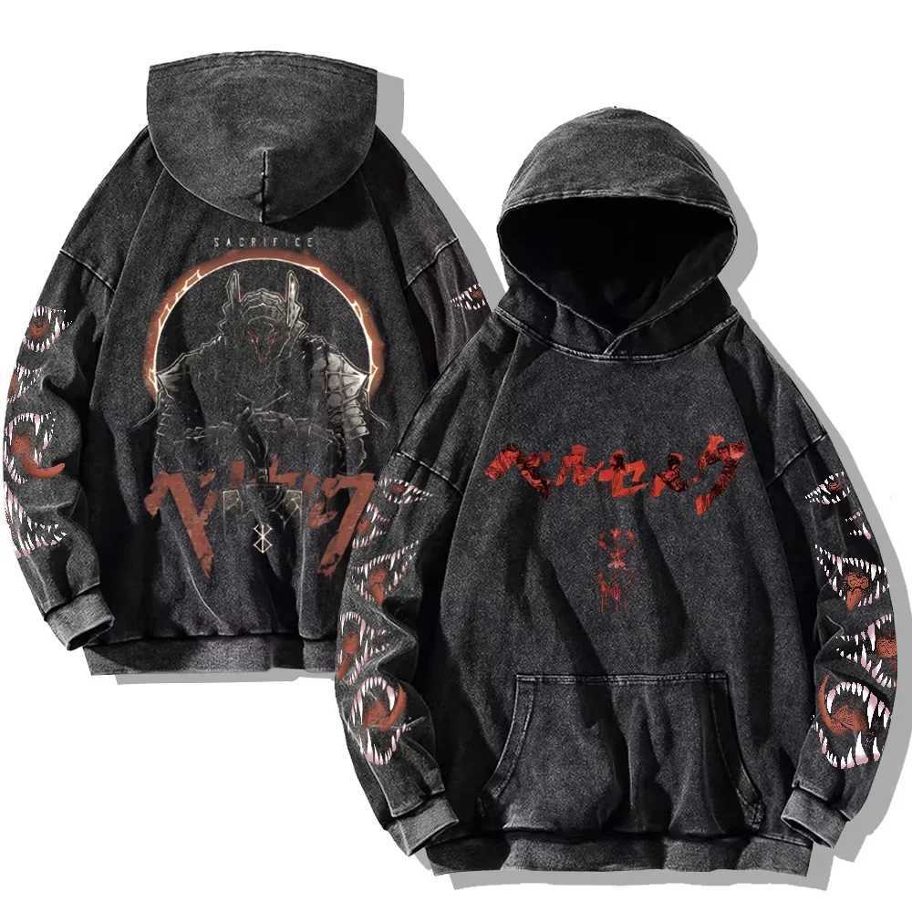 Mens Berserk Hoodies Gothic Print Vintage Washed Hoodie Hip Hop Streetwear Cotton Sweatshirts Y2k Oversized HoodieXJ250621