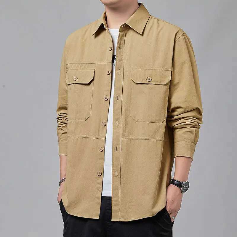 Pure Cotton Safari Style Shirts Coats Men Long Sleeve Casual Harajuku Loose Lapel Spring Autumn Business Pocket All-match Jacket XJ250621