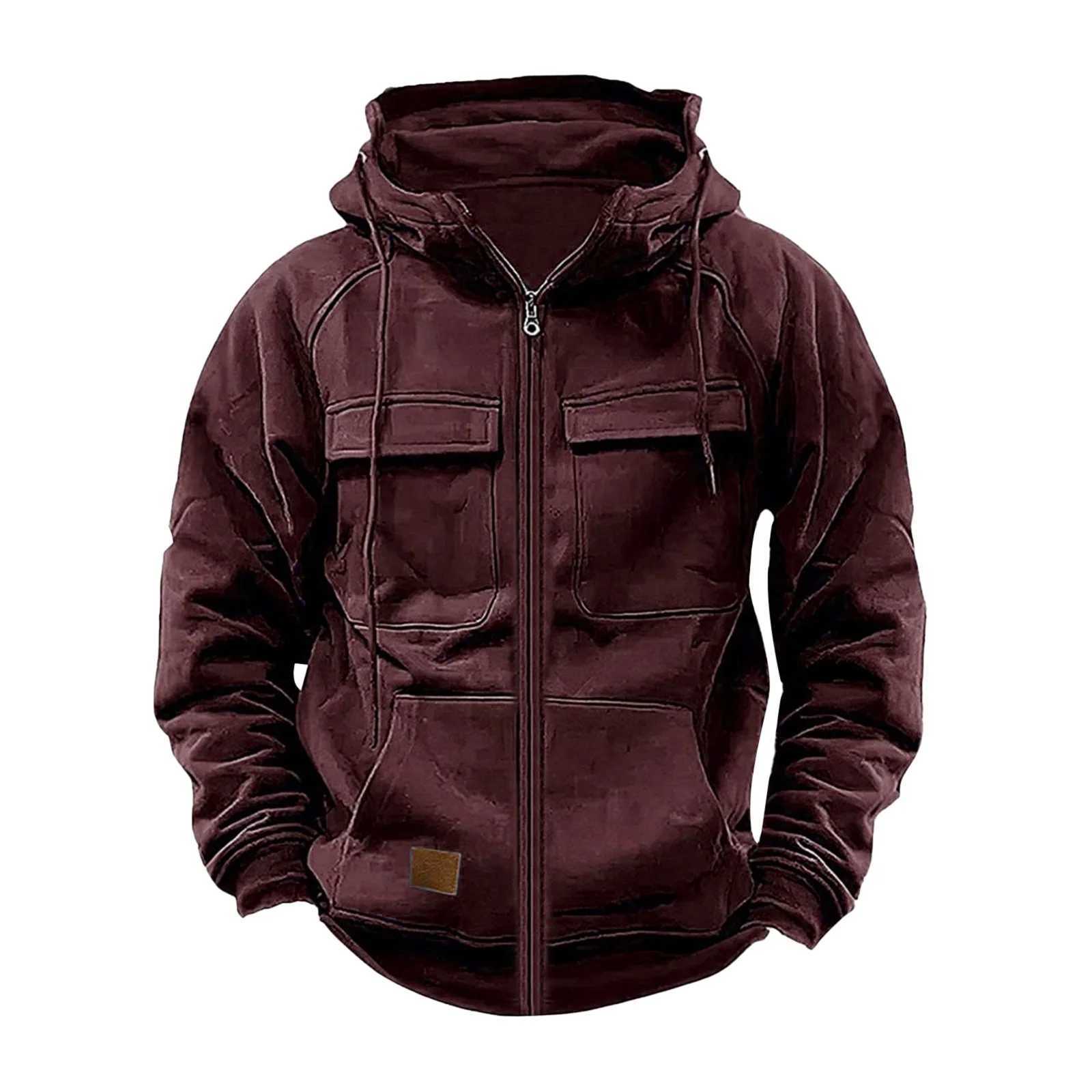 New Autumn Winter Mens Hooded Solid Hoodies Jackets Multi Pockets Male Zipper Sweatshirts Sports Outdoor Casual Hoodie Coat XJ250621