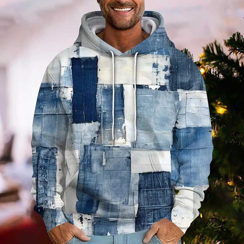 Denim Plaid Printed Mens Women Universal Hoodies Autumn Fashion Street Men Sweatshirts Casual Loose Men Clothing Tops HoodiesXJ250621