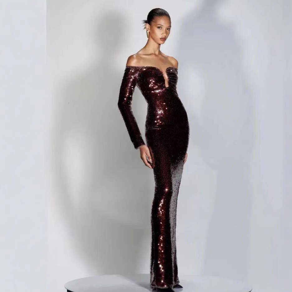 Long Dress Star Style Sexy Elegant Evening Autumn Winter Off Shoulder Solid Color Sequin Slim Fit Party Dress Sexy Long Skirt