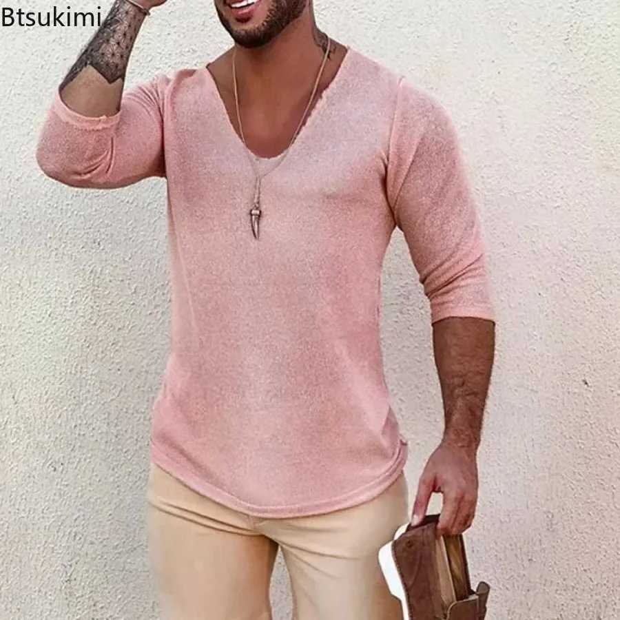2025 Mens Casual Long Sleeve Knitted Sweaters Thin Style Mens Spring Autumn Clothing Solid V Neck Knitting Pullover Knit Tops Z250621
