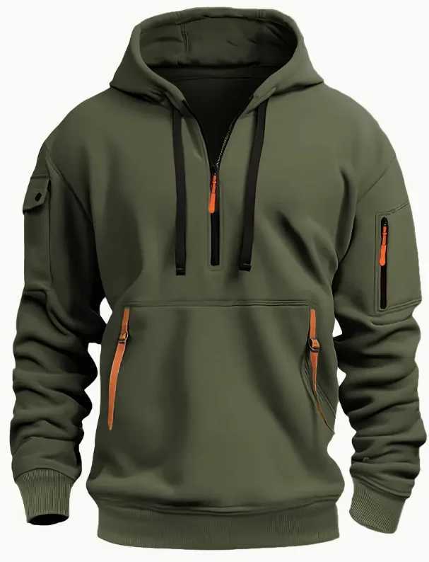 Multi-pocket zipper mens fashionable hooded sweatshirt autumn and winter full zipper cardigan casual wear XJ250621