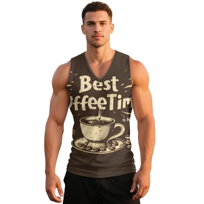 National Trend Retro Designer Summer Fun Cartoon Street Graffiti Print Vest for Men Pure Cotton Loose Sleeveless T-Shirt with V-Neck