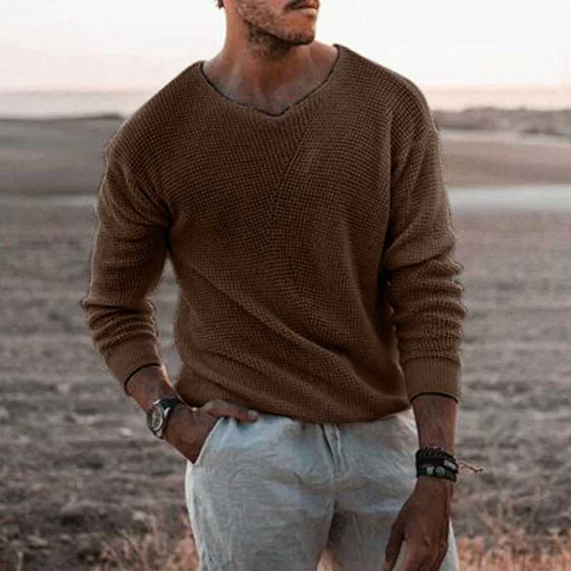 2023 Spring Autumn Fashion Mens Knit Thin Sweaters Casual V Neck Solid Warm Slim Fit Sweaters Pullover Male Z250621