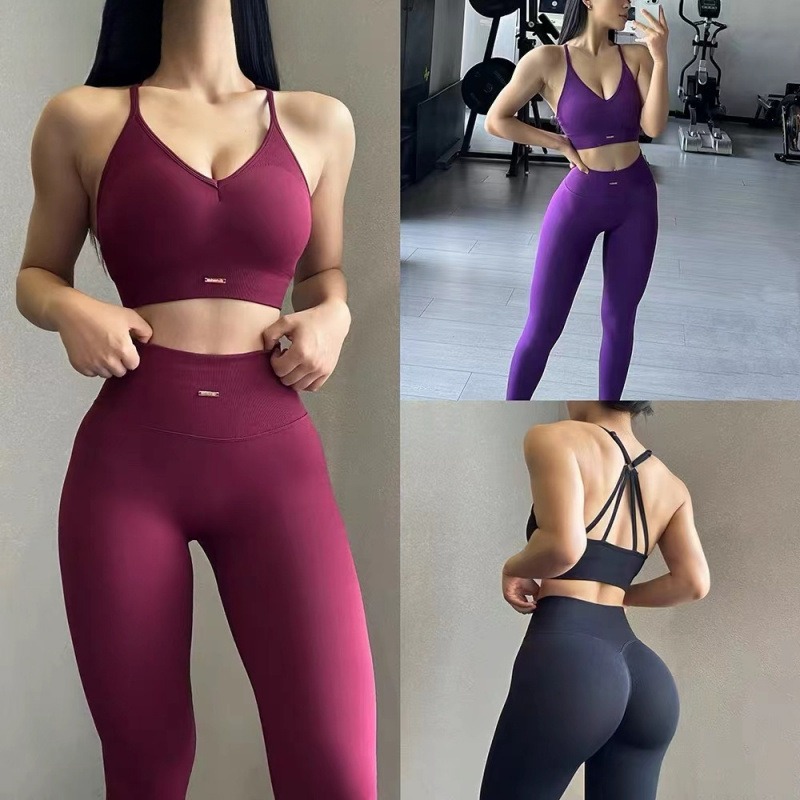 Yoga sports suit high elastic gathered shockproof bra women's professional running training 2piece fitness suit