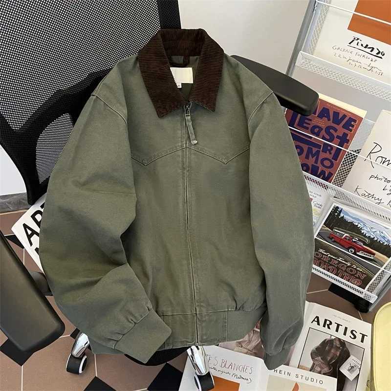 American Casual Workwear Jacket Mens Autumn Cleanfit Retro Lapel Zipper Up Coat Unisex Oversized Motorcycle Patchwork Jacket XJ250621