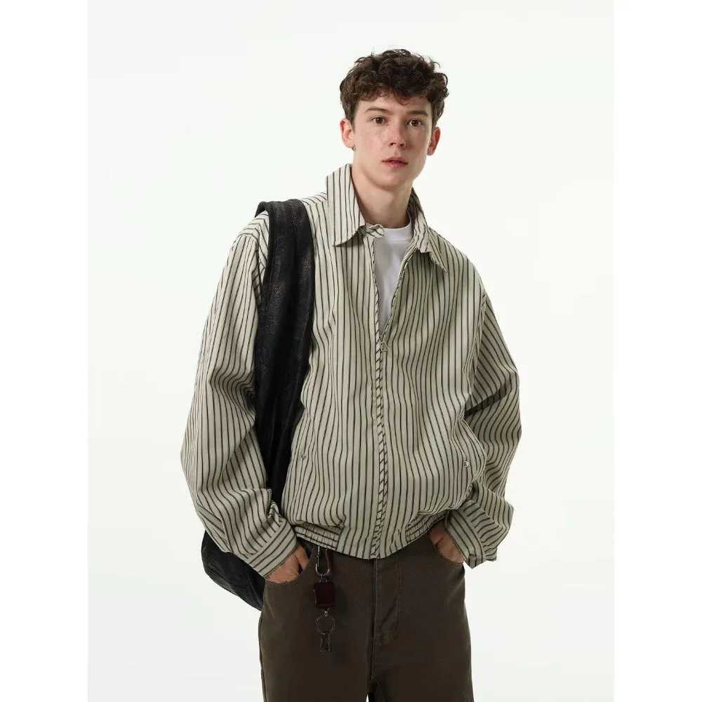 Autumn American Vintage Design Striped Jackets for Men long sleeve Zipper Lapel Loose Casual Bomber Jacket Mens Coat StreetwearXJ250621
