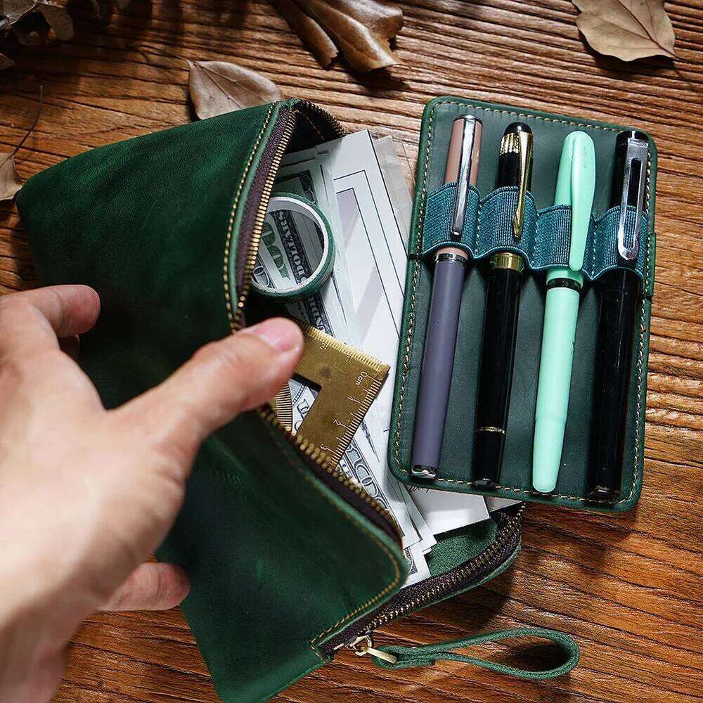 Handmade Zipper Case Leather For Men Women Holder Pouch Vintage Pen Box Organizer Boys Girls School Student Stationery