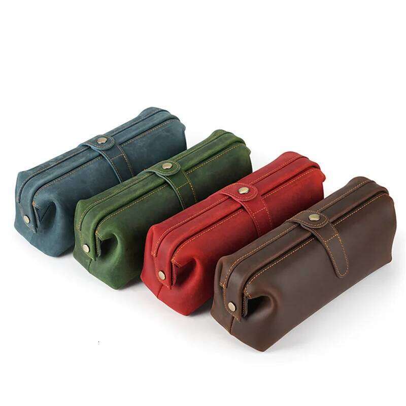 Crazy Horse Cosmetic Toiletry Bathroom For Traveler Travel Lipstick Make Up Bag Full Grain Leather pencil case