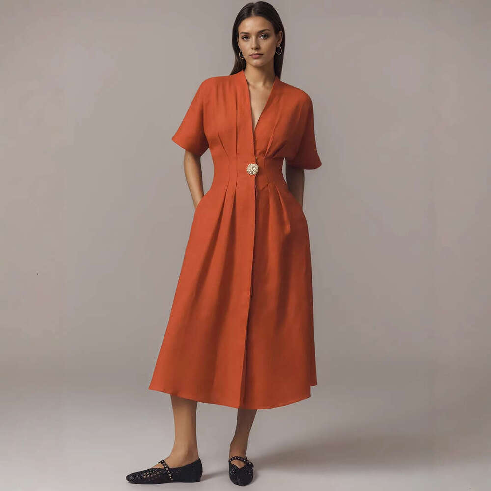 Long Dress New Women S Fashion Long French V Neck Front Button Loose Short Sleeve Split Shirt Dress Sexy Long Skirt