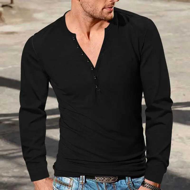 New Mens Four Season Henley Shirt Vintage Long Sleeve T-shirt Cross Border Mens Button V-Neck Slim Solid T-shirt Top Z250621