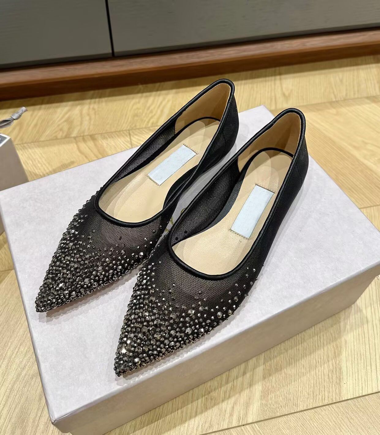 Summer Luxury Love Sandals Flat Degrade Crystal Mesh Pointed Toe Ballet Flats Slip On Casual Walking Party Wedding Footwear EU35-42