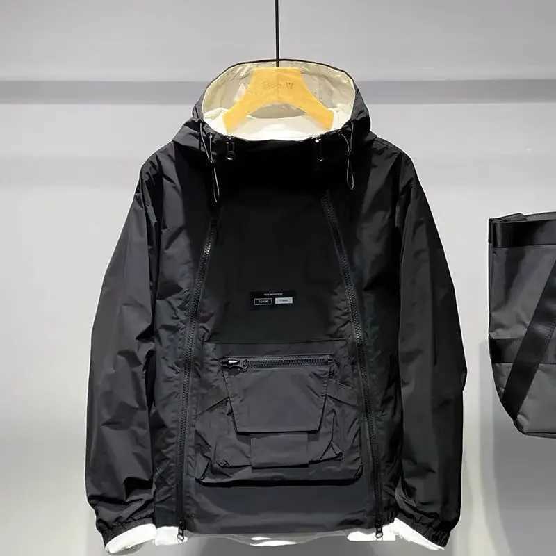 New Luxury Spring Autumn Mens Jacket Fashion Double Zip Hooded Outdoor Jacket Black Coat Pocket Sportswear XJ250621