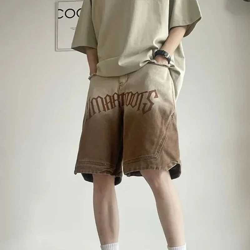 Bermuda with Text Loose Long Baggy Mens Denim Shorts with Pockets Short Jeans Pants for Men Half Wide Emo Summer Blue Vintage Buttons W250621