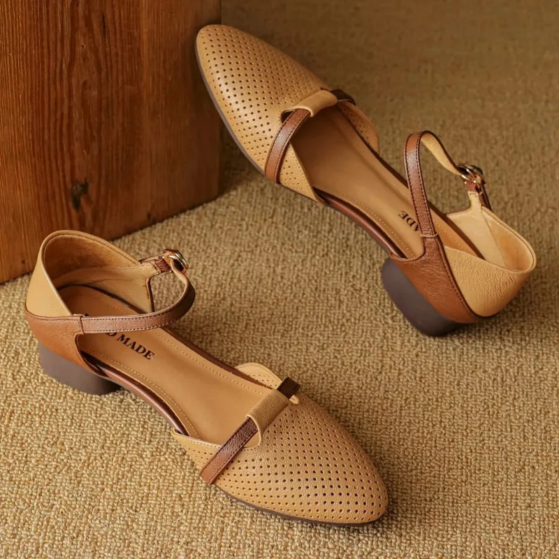 2025 womens sheepskin mix color patchwork hollow-out ankle strap flats sandals pointed toe casual summer shoe 250617