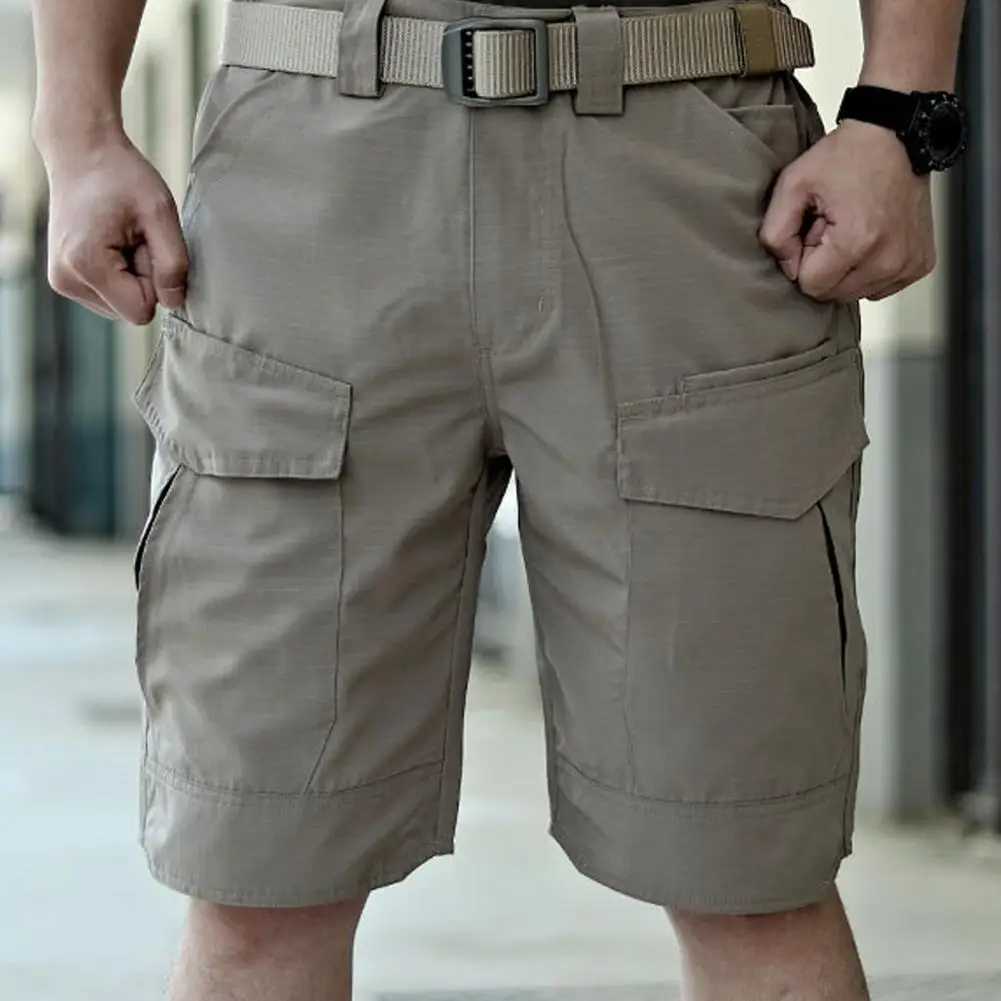 Solid Color Casual Shorts Mens Summer Cargo Shorts with Elastic Waist Multiple Pockets Wear-resistant Fabric for Outdoor W250621
