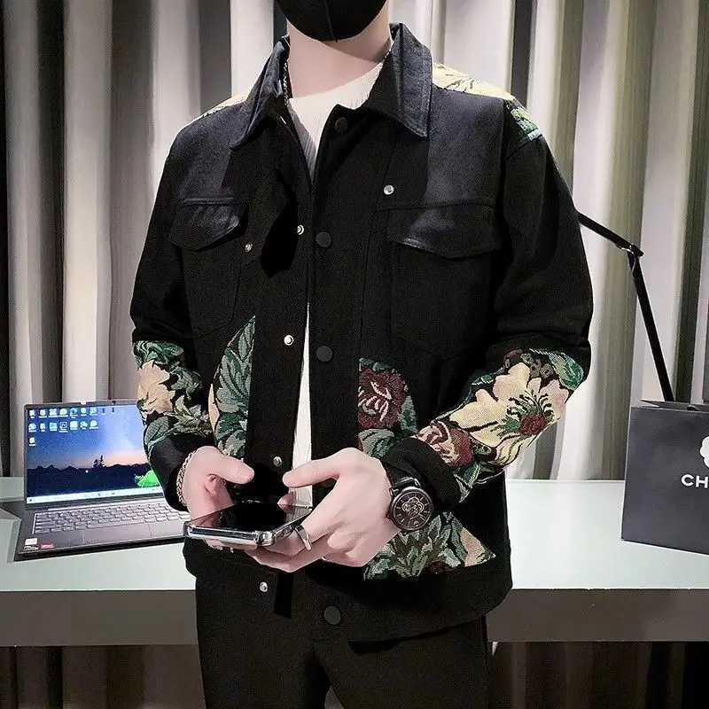 Spring Autumn New Fashion Turn-down Collar Long Sleeve Embroidery Jacket Mens Clothing Trend Korean Casual All-match Loose Tops XJ250621