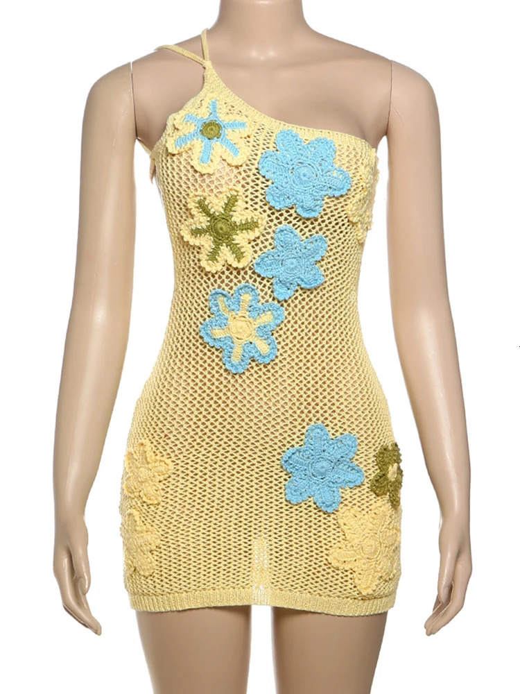 Weird Puss Biased Collar Knit Dress Women Y2K Flowers Backless Sexy Vacation Beach Hollow Vacation Beach Party Slim Mini Bodycon 250617