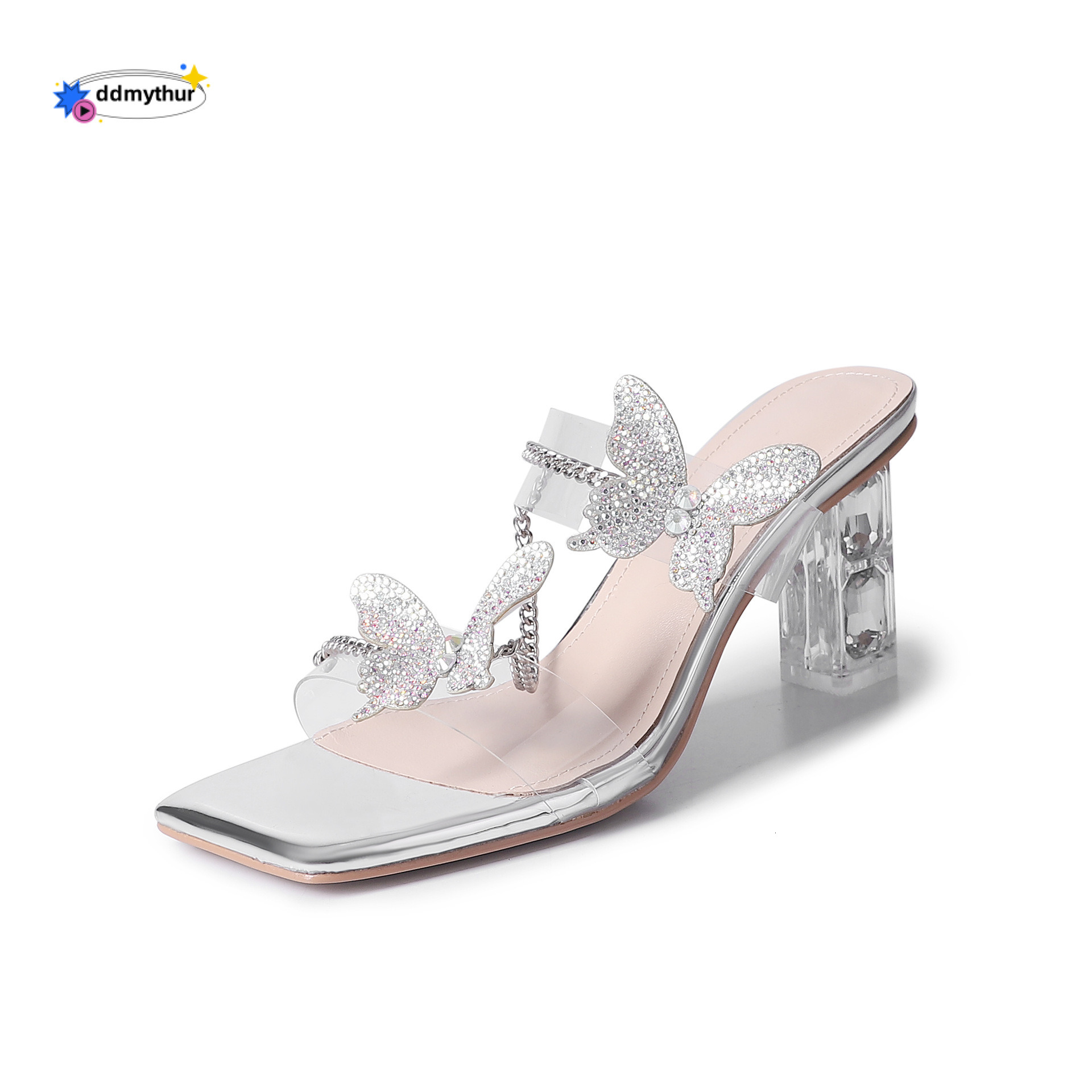 Two Styles Fairy Style Rhinestone Butterfly Transparent Sandals New Square Open Toe Crystal Heel Internet Celebrity High Heels ddmythur