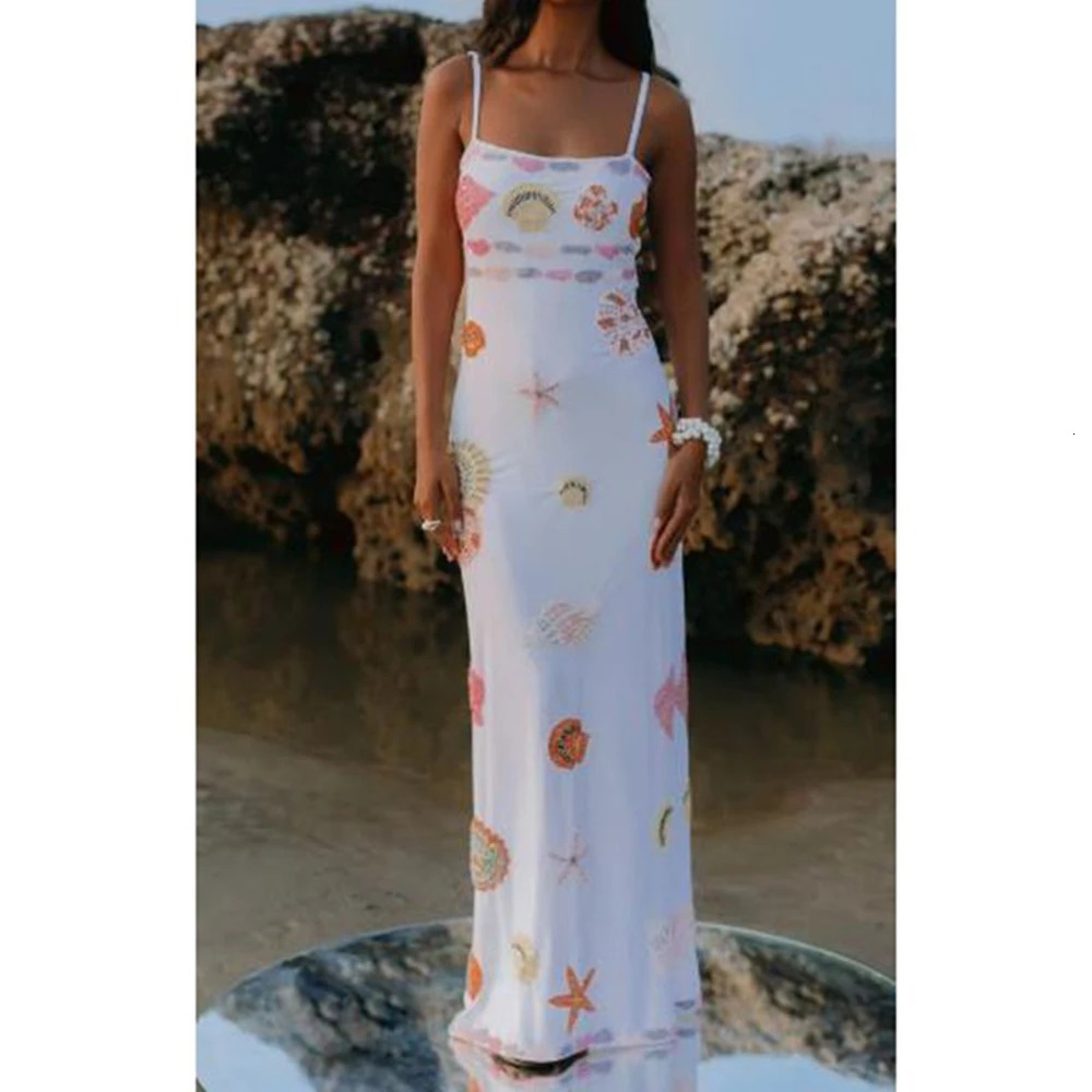 Combhasaki Women Summer Y2K Aesthetic Colorful Sequin Shell Print Sleeveless Adjustable Straps Square Neck Straight Long Dress 250617