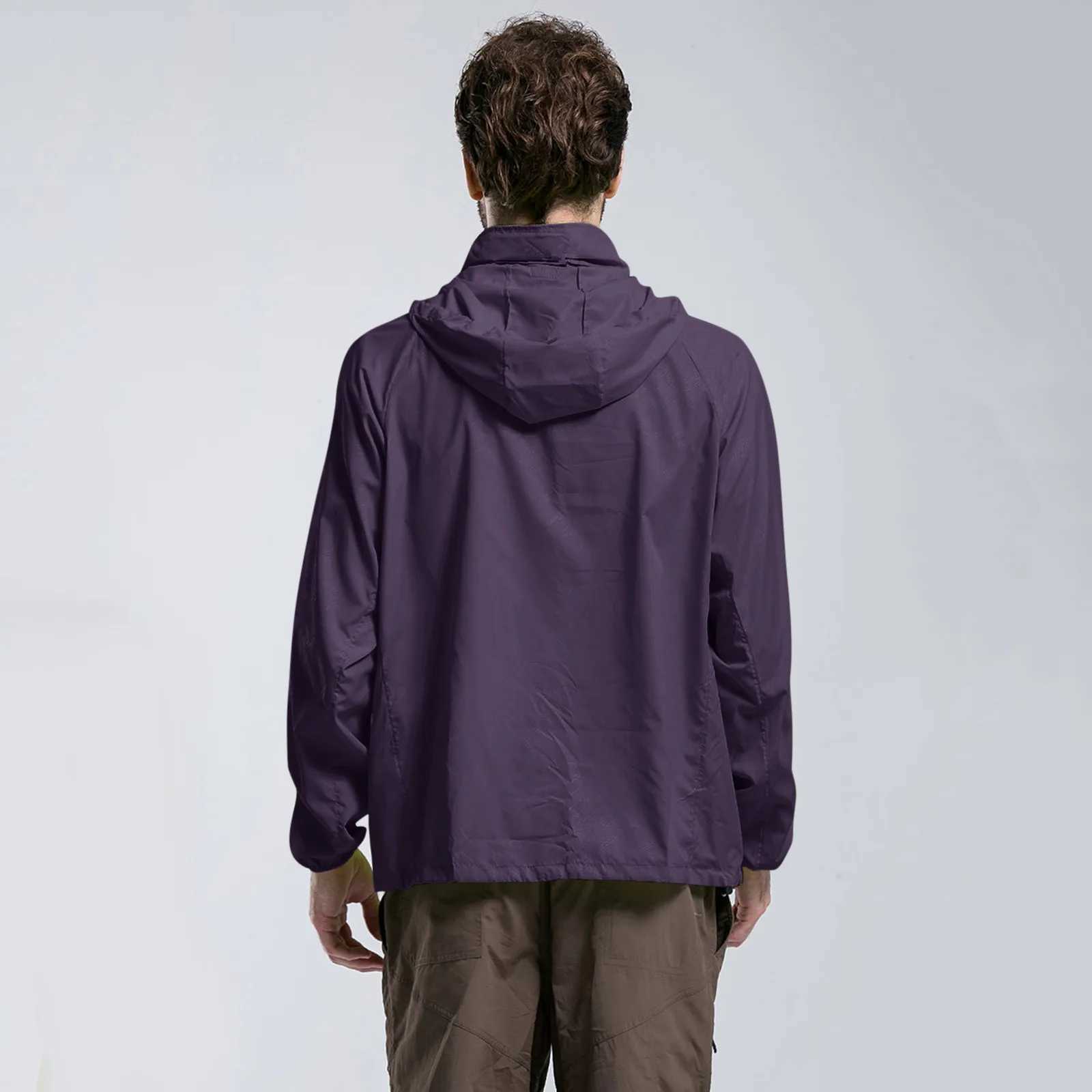 Mens Solid Color Packable Rain Jacket Lightweight Windproof Raincoat With Hood Outdoor Zip Up Outerwear Jacket Men Clothing XJ250621