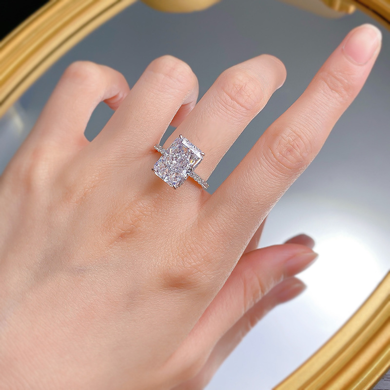 New S925 silver jewelry - Trendy "In Style" everyday simple 9*13mm rectangular white diamond ring for women14K yellow Gold Radiant Cut Lab G