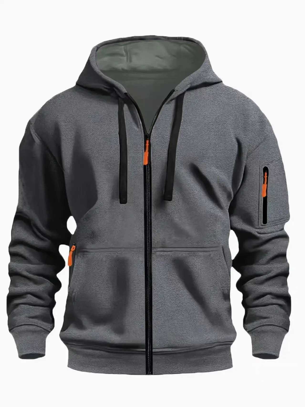 Mens Casual Sports Hoodies Fashion Drawstring Sweatshirts Solid Loose Fit Arm Pocket Long Sleeve Zipper Top SweatshirtsXJ250621