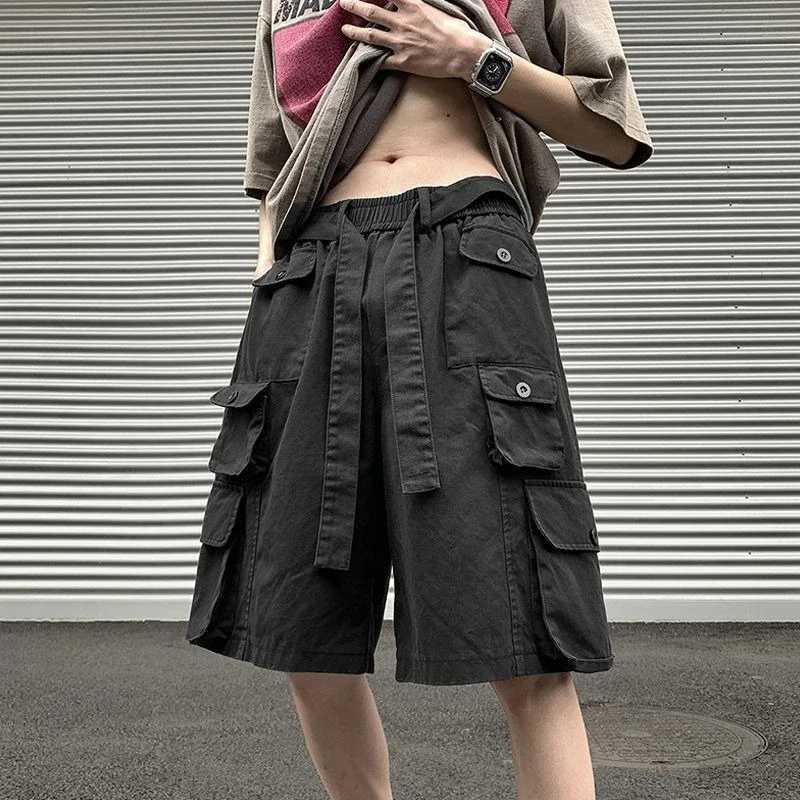 Oversize with Draw String Short Pants for Men Loose Big Size Long Baggy Bermuda Multi Pocket Wide Solid Mens Cargo Shorts Half W250621