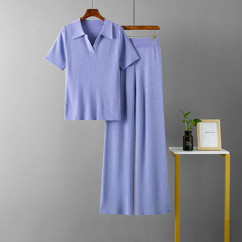 Women's Polo Collar Pullover Short Sleeve Top + Slimming Versatile Solid Color Wide Leg Pants Knitted Fashion Set