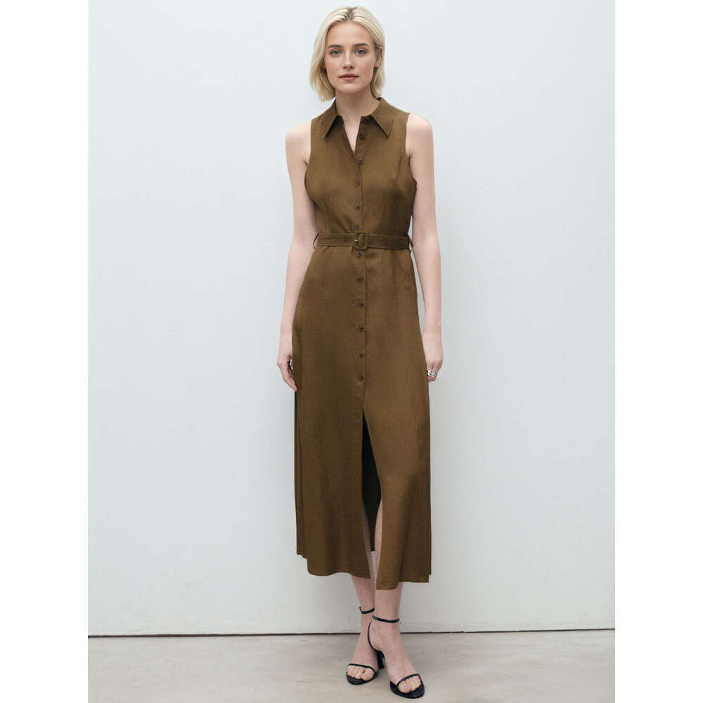 Long Dress Summer New Split Long V Neck Sleeveless Solid Color Waist Cinching Shirt Dress Fashion Simple Commuter Sexy Long Skirt