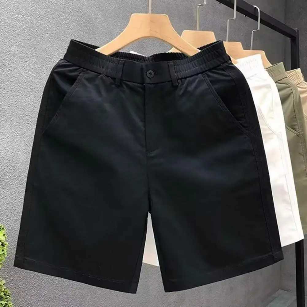 Men Elastic Waist Shorts Mens Summer Casual Shorts Mid-rise Elastic Waistband Beach Shorts Solid Color Straight Wide Leg Loose W250621