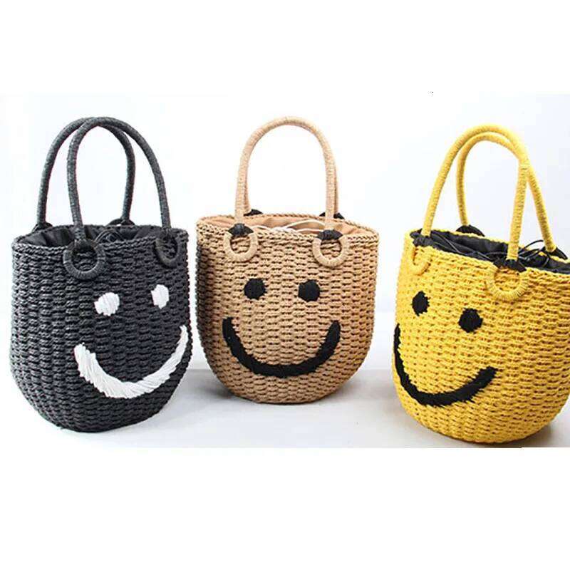 Straw Smiley Bucket Kawaii Pouch Summer Handbag Woven Beach Bag